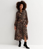 New Look Black Animal Print Collared Long Sleeve Midi Shirt Dress